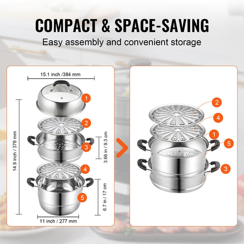 VEVOR Steamer Pot, 28cm Steamer Pot for Cooking with 8.5QT Stock Pot, Vegetable Steamer & 2 Steaming Grid, 3-Layer Food-Grade 304 Stainless Steel Food Steamer Cookware with Lid for Gas Electric Stove