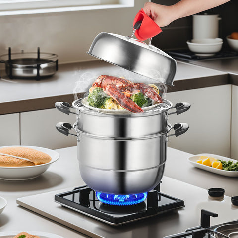 VEVOR Steamer Pot, 28cm Steamer Pot for Cooking with 8.5QT Stock Pot, Vegetable Steamer & 2 Steaming Grid, 3-Layer Food-Grade 304 Stainless Steel Food Steamer Cookware with Lid for Gas Electric Stove