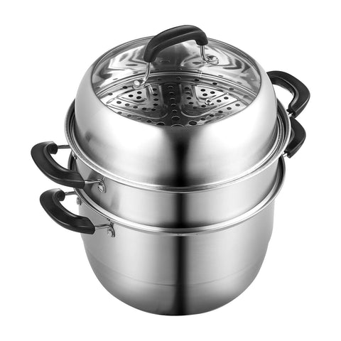 VEVOR Steamer Pot, 28cm Steamer Pot for Cooking with 8.5QT Stock Pot, Vegetable Steamer & 2 Steaming Grid, 3-Layer Food-Grade 304 Stainless Steel Food Steamer Cookware with Lid for Gas Electric Stove