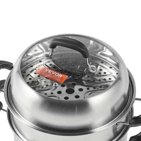 VEVOR Steamer Pot, 28cm Steamer Pot for Cooking with 8.5QT Stock Pot, Vegetable Steamer & 2 Steaming Grid, 3-Layer Food-Grade 304 Stainless Steel Food Steamer Cookware with Lid for Gas Electric Stove