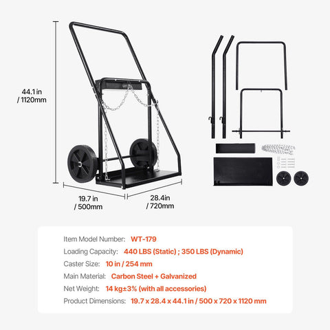 Dual Welding Cylinder Cart, Oxygen Acetylene Tank Cart with 440LBS Static Weight Capacity, 10-Inch Solid Wheels and Tank Storage Safety Chains, Suitable for Double 12.5-Inch Dia. Gas Cylinders