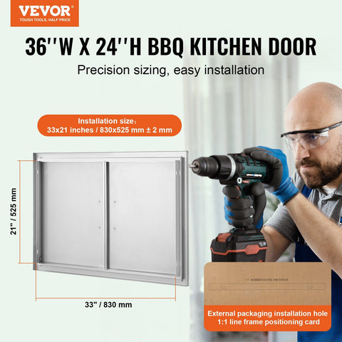 BBQ Access Door, 915x610 mm Double Outdoor Kitchen Door, Stainless Steel Flush Mount Door, Wall Vertical Door with Handles, for BBQ Island, Grilling Station, Outside Cabinet