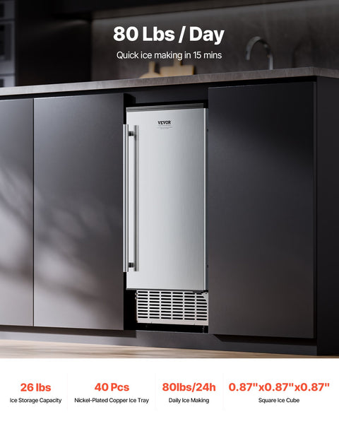 VEVOR Undercounter Built-in Ice Maker, 80 Lbs/Day Under Counter Ice Maker Machine with Reversible Door Stainless Steel, Freestanding Ice Maker for Commercial Home Kitchen, Electric Drainage