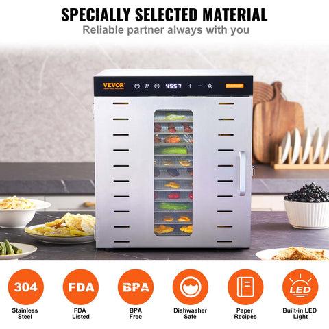 VEVOR 10 Trays Food Dehydrator Machine Stainless Steel 1000W Jerky Fruit Drying