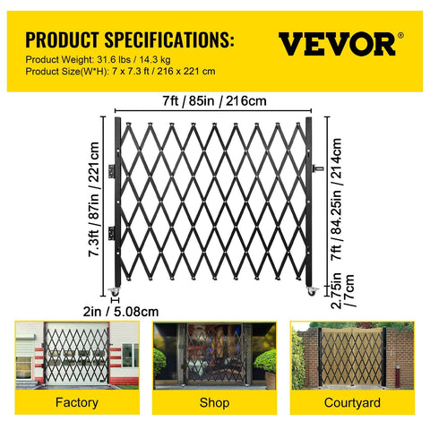 Single Folding Security Gate, 216 x 221 cm Folding Door Gate, Steel Accordion Security Gate, Flexible Expanding Security Gate, 360 degree Rolling Barricade Gate, Scissor Gate/Door with Padlock
