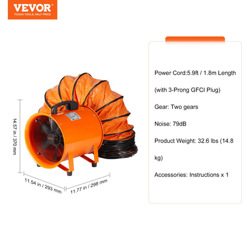Portable Ventilator, 254mm/10inch Heavy Duty Cylinder Fan with 10m Duct Hose, 300W Strong Shop Exhaust Blower 1720CFM, Industrial Utility Blower for Sucking Dust, Smoke, Smoke Home/Workplace