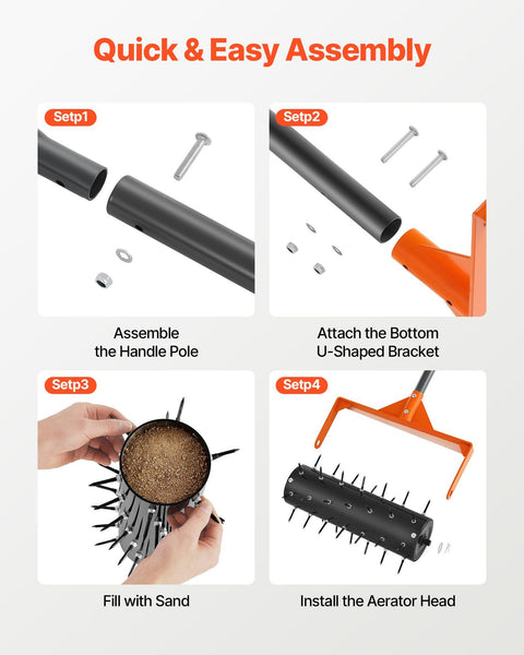 Rolling Lawn Aerator, 410mm Manual Push Aerator Roller with 42 Spikes & 60 in Long Handle, Fillable Drum for Added Weight, Heavy-Duty Lawn Soil Penetrator for Garden Yard Compacted Soils