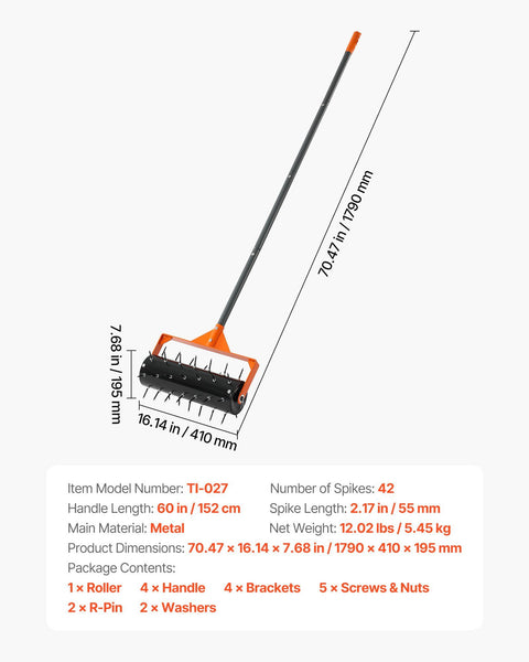 Rolling Lawn Aerator, 410mm Manual Push Aerator Roller with 42 Spikes & 60 in Long Handle, Fillable Drum for Added Weight, Heavy-Duty Lawn Soil Penetrator for Garden Yard Compacted Soils