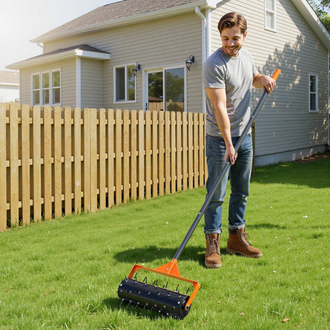 Rolling Lawn Aerator, 410mm Manual Push Aerator Roller with 42 Spikes & 60 in Long Handle, Fillable Drum for Added Weight, Heavy-Duty Lawn Soil Penetrator for Garden Yard Compacted Soils