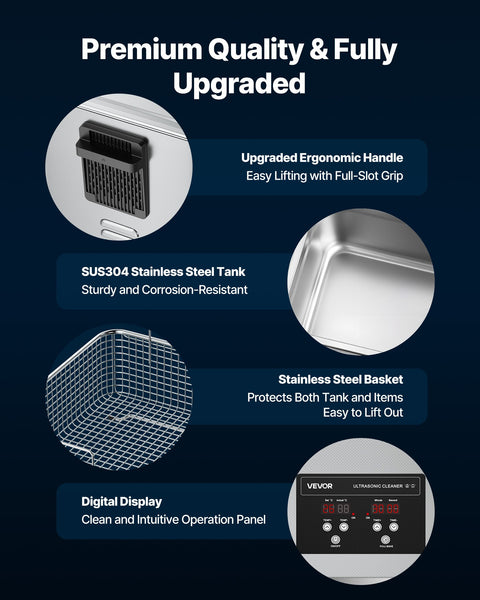 VEVOR 10L Ultrasonic Cleaner, Professional Ultrasonic Cleaner Machine with Cleaning Basket & Digital Display, 180W Stainless Steel 40kHz Cleaning Machine for Watches, Razors, Jewelry, Coins, and More