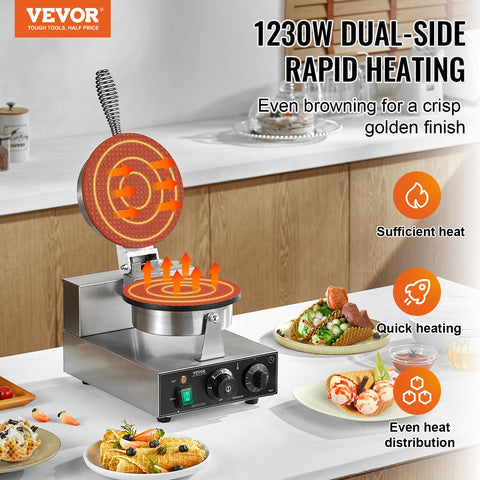 VEVOR Electric Ice Cream Cone Maker, Commercial 1230W Waffle Cone Machine, Non-Stick Stainless Steel Egg Roll Mold, with Temperature and Time Control, Handle, for Restaurant Bakery Snack Bar Family