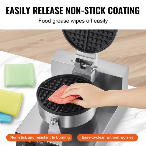 VEVOR Commercial Waffle Maker, 1230W Round Waffle Baker Machine, Non-Stick Stainless Steel Belgian Waffle Iron with Temperature and Time Control, Handle, for Restaurant Bakery Snack Bar Family