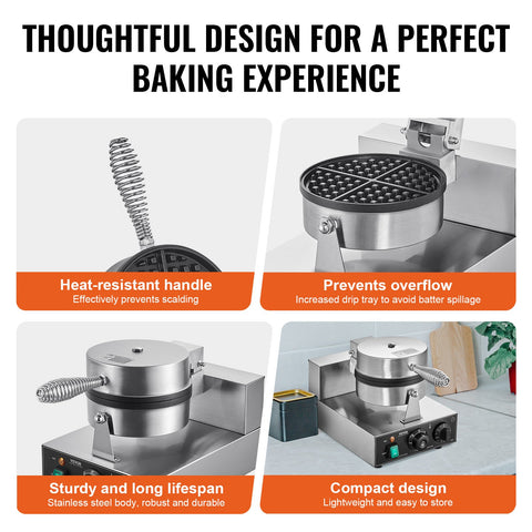VEVOR Commercial Waffle Maker, 1230W Round Waffle Baker Machine, Non-Stick Stainless Steel Belgian Waffle Iron with Temperature and Time Control, Handle, for Restaurant Bakery Snack Bar Family