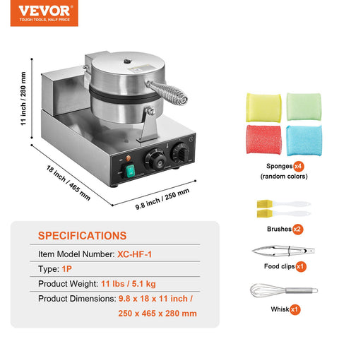VEVOR Commercial Waffle Maker, 1230W Round Waffle Baker Machine, Non-Stick Stainless Steel Belgian Waffle Iron with Temperature and Time Control, Handle, for Restaurant Bakery Snack Bar Family