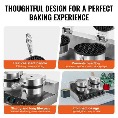 VEVOR Commercial Waffle Maker, Dual-Head Round Waffle Baker Machine, 2460W Non-Stick Stainless Steel Belgian Waffle Iron with Temp and Time Control, Handle, for Restaurant Bakery Snack Bar Family