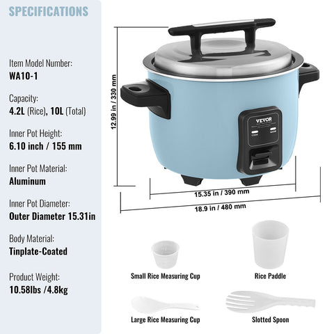 VEVOR Commercial Rice Cooker, 50-Cup Rice Cooker, 10 Liter Large Rice Cooker and Warmer with Nonstick Inner Pot, Fast Cooking and 24-Hour Keep Warm, with Rice Cup and Paddle, for Restaurant