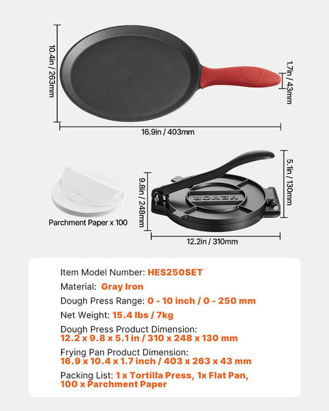Tortilla Press, 250mm Cast Iron Tortilla and Roti Maker, Heavy Duty Tortilladora Press, Pataconera Makers with Handle and 100 Pcs Parchment Paper, Dough Taco Press for Flour Tortilla, Tawa