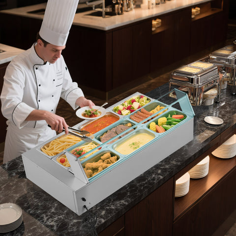 VEVOR Commercial Food Warmer, 1500W Electric Stainless Steel Steam Food Warmer with Glass Cover, 9-Pan Countertop Buffet Bain Marie with Soup & Perforated Ladles, for Catering, Restaurant & Party