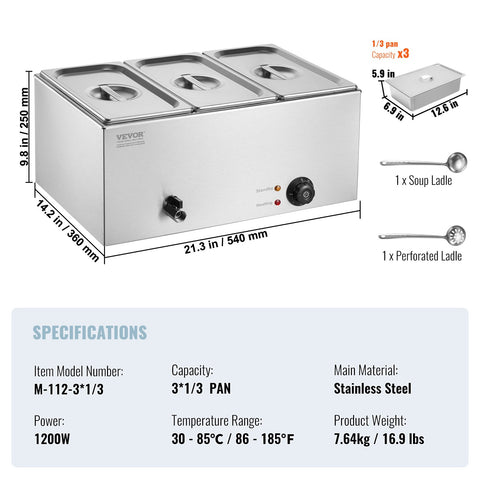 VEVOR 3-Pan Commercial Food Warmer, 16.5L Electric Steam Table, 1200W Professional Countertop Stainless Steel Buffet Bain Marie with 30 - 85℃ Temp Control for Catering and Restaurants, Silver