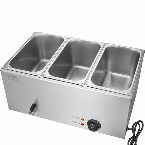 VEVOR 3-Pan Commercial Food Warmer, 16.5L Electric Steam Table, 1200W Professional Countertop Stainless Steel Buffet Bain Marie with 30 - 85℃ Temp Control for Catering and Restaurants, Silver