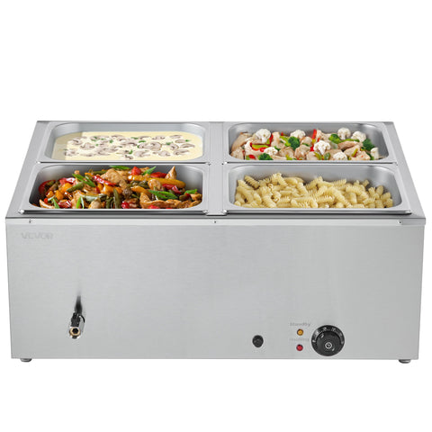 VEVOR Commercial Food Warmer, 1500W Electric Stainless Steel Steam Food Warmer with Lid, 4-Pan Fast Heating Countertop Buffet Bain Marie with Soup & Perforated Ladles, for Catering, Restaurant, Party
