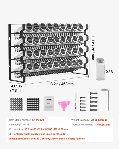 Spice Rack Organizer for Cabinet, Spice Organizer with 36 Empty Spice Jars, Lids, Spice Labels, and Funnel Complete Set, Seasoning Organizer for Countertop, Kitchen, Pantry, Cupboard, 18x11 in