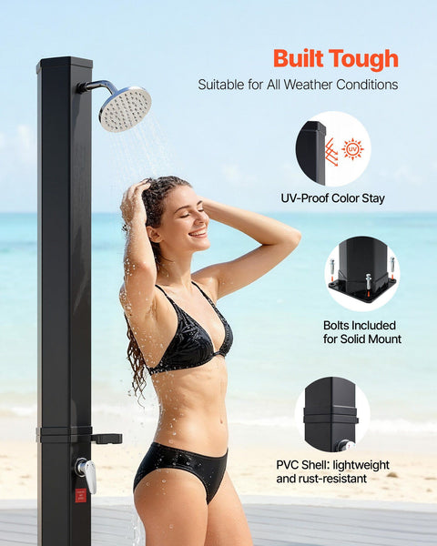 35L Solar Heated Shower, 195cm Showerhead Height Outdoor Shower, with Foot Faucet & Soap Box Rack, Hot & Cold Water Adjustment, Freestanding for Backyard Poolside Beach Pool,Black