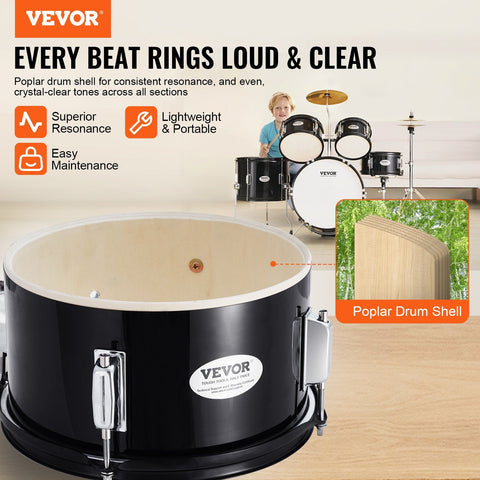 Kids Drum Set, 5-Piece, 406.4 mm Beginner Full Drum Set with Bass Toms Snare Floor Drum Adjustable Throne Cymbal Hi-Hat Pedal and Two Pairs of Drumsticks, Starter Drum Kit for Child Kids, Black