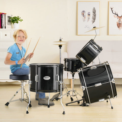 Kids Drum Set, 5-Piece, 406.4 mm Beginner Full Drum Set with Bass Toms Snare Floor Drum Adjustable Throne Cymbal Hi-Hat Pedal and Two Pairs of Drumsticks, Starter Drum Kit for Child Kids, Black