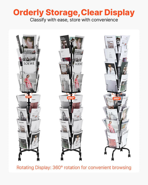 Greeting Cards Display Rack, 32 Pockets Rotating Postcard Brochure Display Stand, 360° Spinning Card Display Rack with Sign Holder & 4 Wheels (2 Lockable) for Exhibitions Office Trade Show