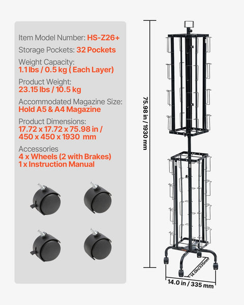 Greeting Cards Display Rack, 32 Pockets Rotating Postcard Brochure Display Stand, 360° Spinning Card Display Rack with Sign Holder & 4 Wheels (2 Lockable) for Exhibitions Office Trade Show