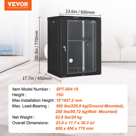 15U Wall Mount Network Cabinet, 226.8 kg Max. Ground Load Capacity, Server Rack Cabinet Enclosure with Locking Tempered Glass Door, Side Panels, Q235 Carbon Steel, for IT Equipment, A/V Devices