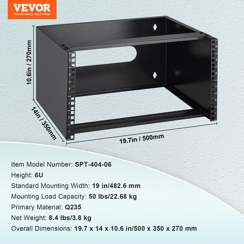 6U Wall Mount Network Rack, 14 in/355.6 mm Depth, 50 lbs/22.68 kg Max Weight Capacity Wall Mount Server Rack with Cage Nuts, 19"/482.6 mm for Shallow Server IT Equipment and Network Switches