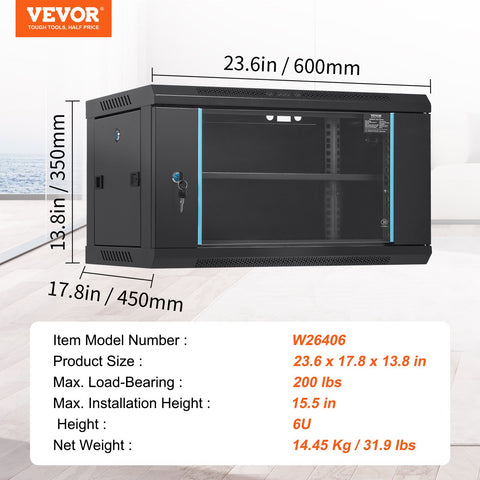 6U Wall Mount Network Server Cabinet, 15.5'' Deep, Server Rack Cabinet Enclosure, 200 lbs Max. Ground-mounted Load Capacity, with Locking Glass Door Side Panels, for IT Equipment, A/V Devices