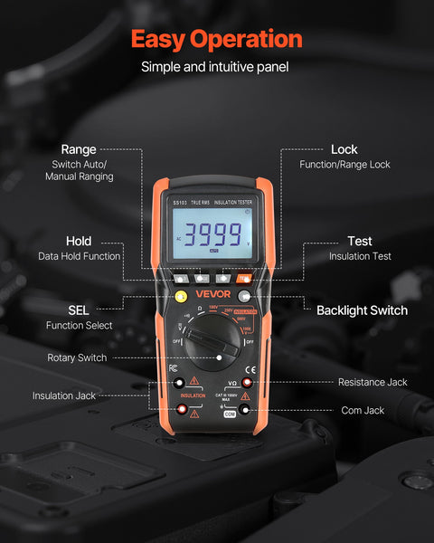 Digital Multimeter, 4000-Count TRMS Voltmeter Ohmmeter, 1000V AC/DC Voltage Tester with Switchable Auto/Manual Range for Voltage, Resistance, and Continuity Measurment
