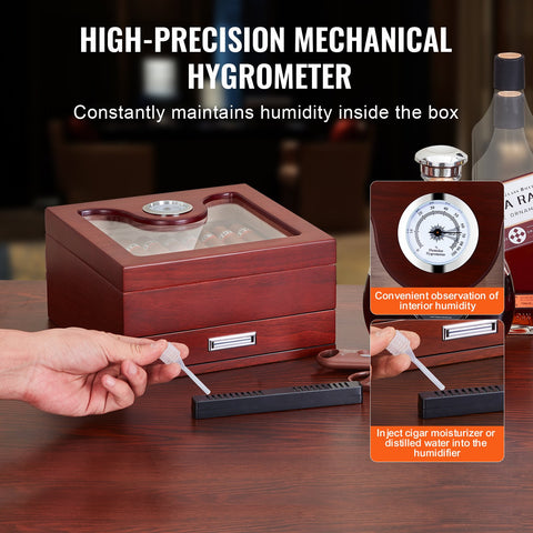 VEVOR Cigar Humidor, Glass Top Cigar Humidor Box, Handmade Spanish Cedar Wood Cigar Desktop Box, Cigar Storage Case with Humidifier, Hygrometer, Divider and Accessory Drawer, 20-35 Cigars