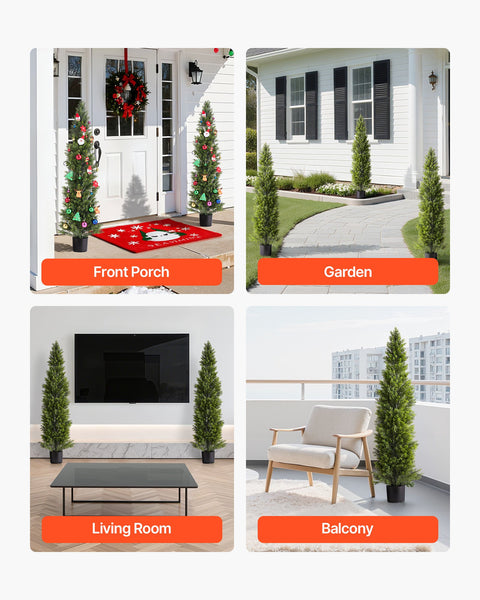 Artificial Topiary Cedar Trees, 2 Set 1524mm Faux Pine Shrubs Plants, Fake Silk Tree Look Real, Easy Assembly for Decor Front Porch Outdoor Patio Garden Balcony Backyard Indoor Office