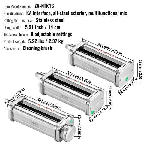 VEVOR 3Pcs Pasta Attachment for KitchenAid Stand Mixer Pasta Roller Cutter Set