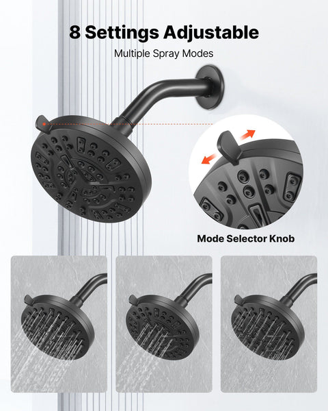 Tub and Shower Faucet Set, Complete with 127 mm Rainfall Shower Head and Bathtub Spout, 8-Setting Adjustable Spray, Single-Handle Tub Trim Kit with Brass Pressure Balancing Valve, Matte Black
