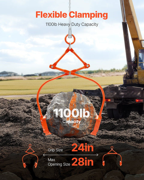 609mm Stone Lifting Tongs, 2-Claw Rock Tongs, Heavy Duty Steel Log Tongs, 500KG Lifting Capacity, Swivel Log Grapple, Serrated Claw Design, Easy Chain Hook up Tongs for Stone Blocks & Marble