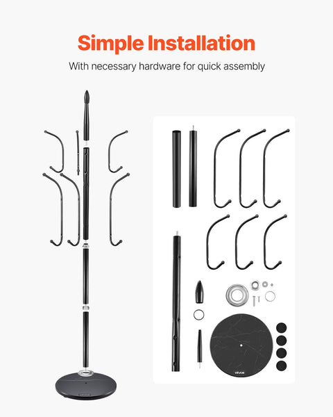 Coat Rack Freestanding, Coats Tree Stand with Stable Marble Base & 6 Hooks, Free Standing Hall Coat Rack for Entryway, Bedroom, Office, Living Room, Modern Clothes Hanger for Coats, Hats, Bags