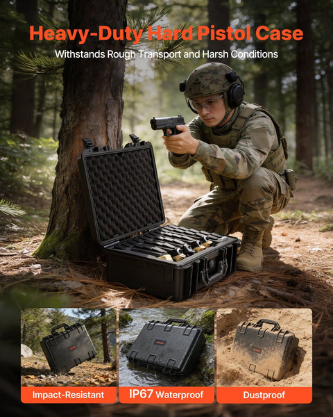Hard Pistol Case, Heavy Duty Hard Gun Case with XPE Foam Lining, Waterproof Pistol Storage Box with Customizable Interior & Handle for Gun, Lenses, Camera, Gear, TSA Compliant, 475x415x215 mm