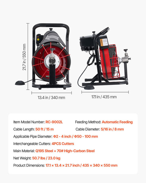 Drain Cleaner Machine 15m x 8mm, Auto Feed Sewer Snake Auger with 4 Cutters & Air-activated Foot Switch for 50mm to 100mm Pipes