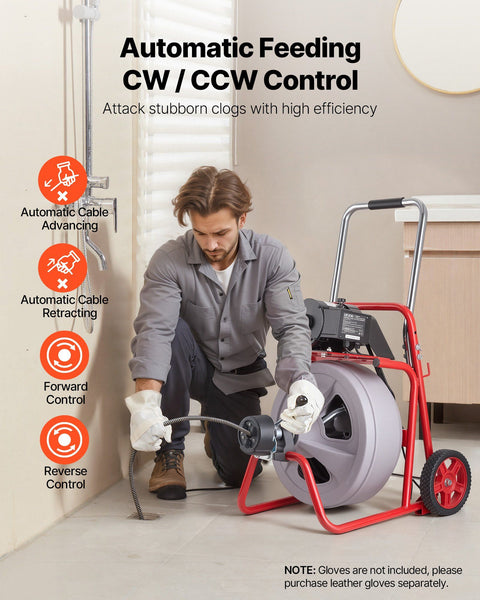Drain Cleaner Machine 30m x 13mm, Auto Feed Sewer Snake Drain Auger on Wheels, Portable Drain Cleaning Machine with 8 Cutters & Air-Activated Foot Switch for 50mm to 150mm Pipes