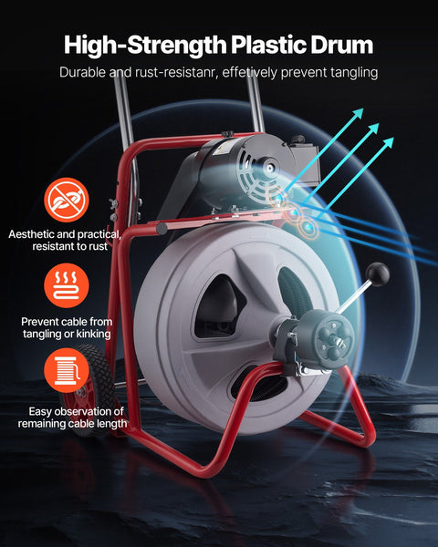 Drain Cleaner Machine 30m x 13mm, Auto Feed Sewer Snake Drain Auger on Wheels, Portable Drain Cleaning Machine with 8 Cutters & Air-Activated Foot Switch for 50mm to 150mm Pipes