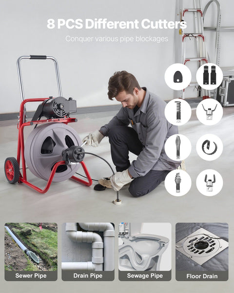 Drain Cleaner Machine 30m x 13mm, Auto Feed Sewer Snake Drain Auger on Wheels, Portable Drain Cleaning Machine with 8 Cutters & Air-Activated Foot Switch for 50mm to 150mm Pipes