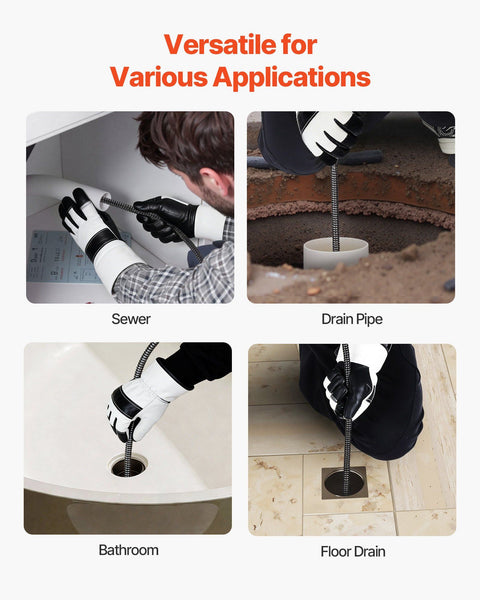Drain Cleaner Machine 15m x 13mm, Auto Feed Sewer Snake Auger on Wheels, Portable Drain Cleaning Machine with 4 Cutters & Air-activated Foot Switch for 50mm to 150mm Pipes