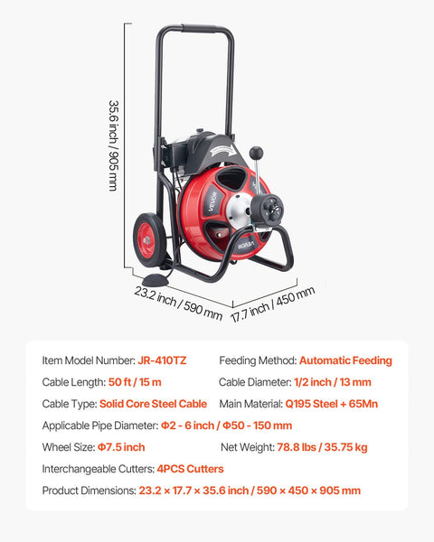 Drain Cleaner Machine 15m x 13mm, Auto Feed Sewer Snake Auger on Wheels, Portable Drain Cleaning Machine with 4 Cutters & Air-activated Foot Switch for 50mm to 150mm Pipes