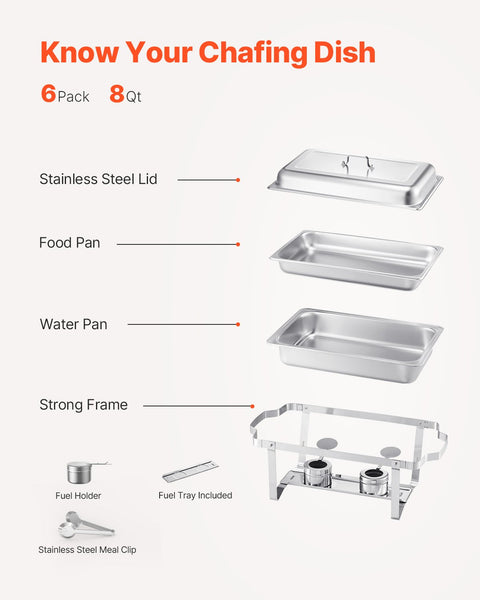 VEVOR 8 Qt 6 Pack Rectangle Chafing Dish Buffet Set Fullsize Pan Stainless Steel