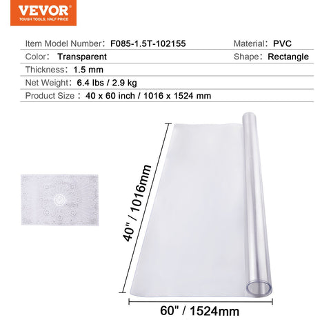Plastic Table Cover, 40 x 60 Inch 1.5 mm Thick Clear Table Protector, Rectangle PVC Desk Mat, Waterproof & Easy Cleaning Desk Pad Tablecloth, for Office Dresser Dining Room Table Night Stand